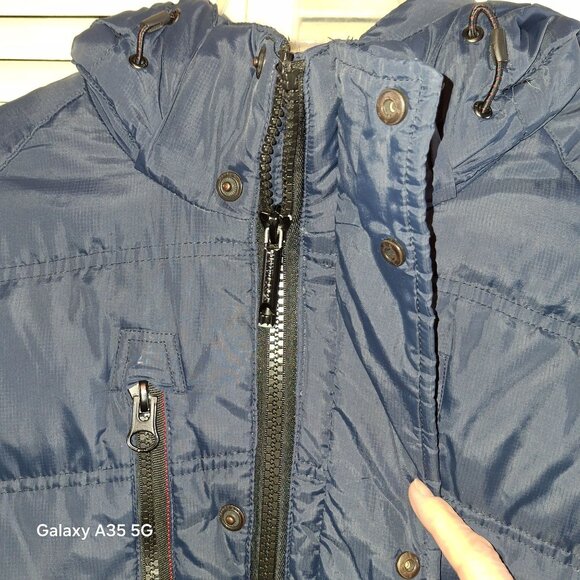 Down Filled Hawke & Co Mens Blue Puffer Jacket With Zipper & Button Closure Hood - Picture 7 of 14
